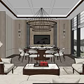 Luxurious Modern Private Dining Room With Chandelier Dining Table And Sofas 3d model