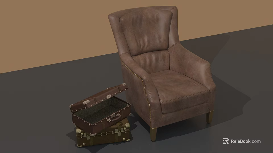 Classic Brown Leather Armchair With Open Vintage Suitcase And Wooden Legs 3d model 