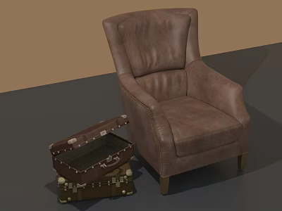 Classic Brown Leather Armchair With Open Vintage Suitcase And Wooden Legs 3d model