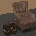 Classic Brown Leather Armchair With Open Vintage Suitcase And Wooden Legs