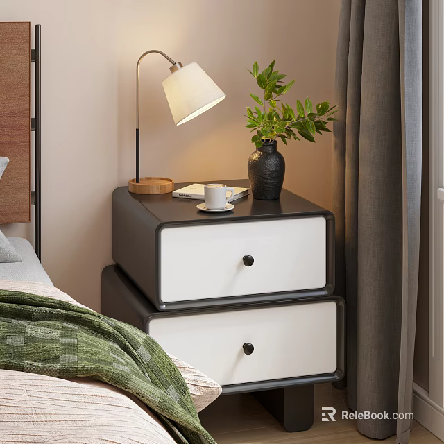 Modern Black And White Bedside Table With Two Drawers Lamp Green Plant Cup Wooden Tray 3d model 