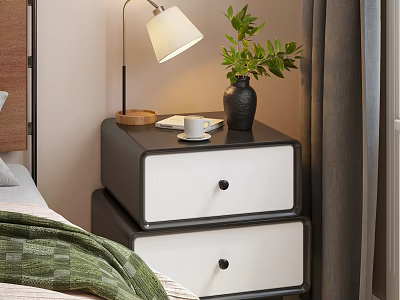 Modern Black And White Bedside Table With Two Drawers Lamp Green Plant Cup Wooden Tray 3d model
