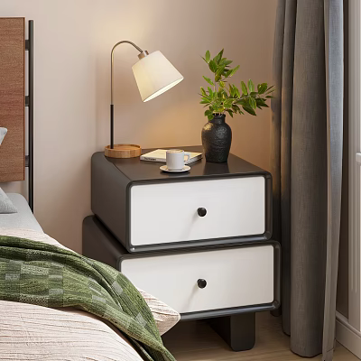 Modern Black And White Bedside Table With Two Drawers Lamp Green Plant Cup Wooden Tray 3d model