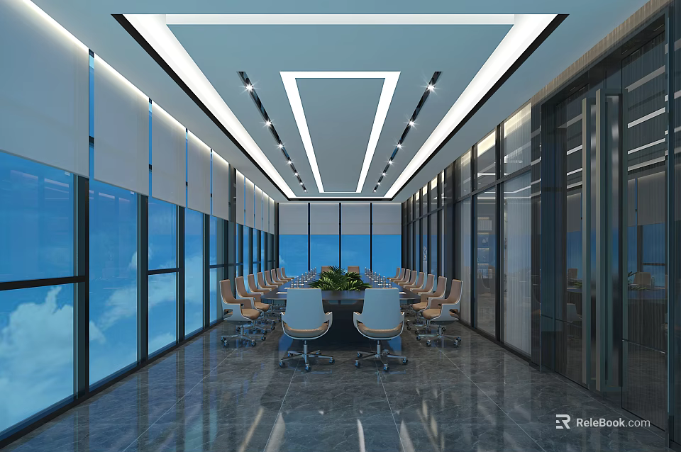 Modern Spacious Conference Room With Large Windows Long Table Green Plant And Ceiling Lighting 3d model 