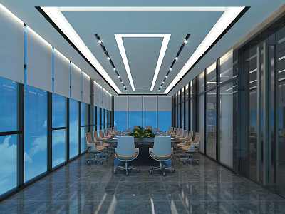 Modern Spacious Conference Room With Large Windows Long Table Green Plant And Ceiling Lighting 3d model
