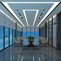 Modern Spacious Conference Room With Large Windows Long Table Green Plant And Ceiling Lighting