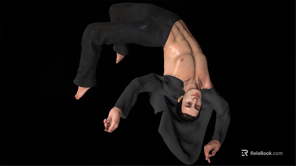 Man In Dynamic Acrobatic Pose Shirtless With Black Pants And Jacket Against Black Background 3d model 