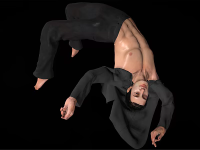 Man In Dynamic Acrobatic Pose Shirtless With Black Pants And Jacket Against Black Background 3d model