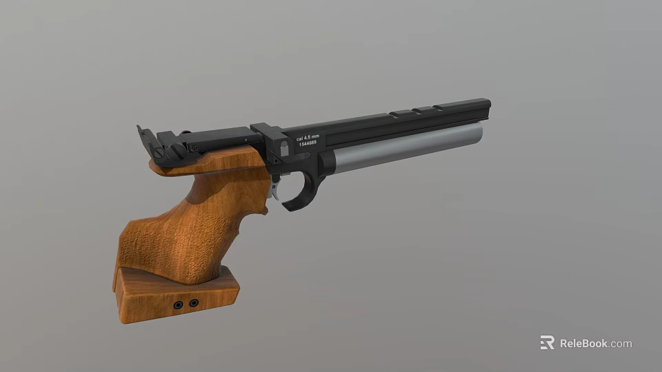 Weapon Handgun With Wooden Grip Black Silver Body And Wooden Display Stand 3d model 