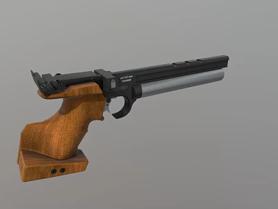 Weapon Handgun With Wooden Grip Black Silver Body And Wooden Display Stand 3d model