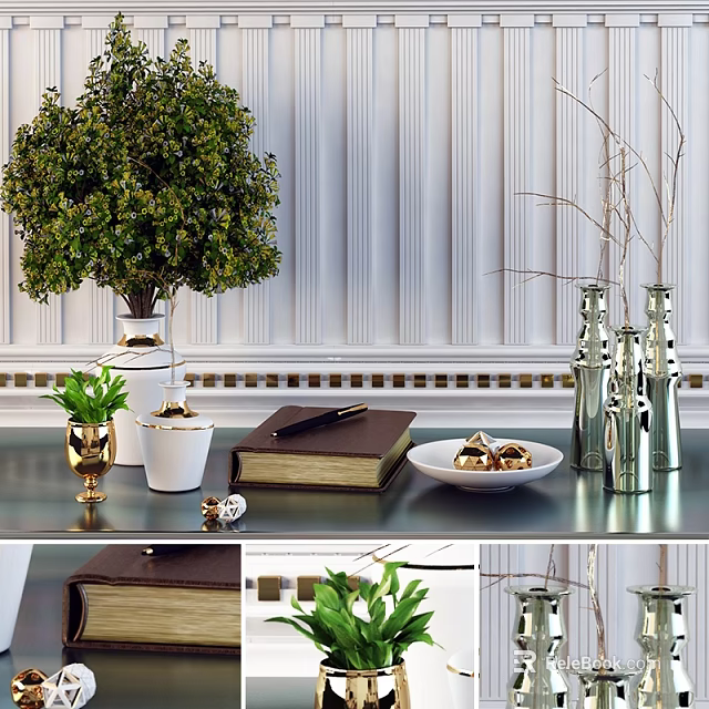 Elegant Decorative Ornament Set With Green Plants Books And Metal Vases 3d model 