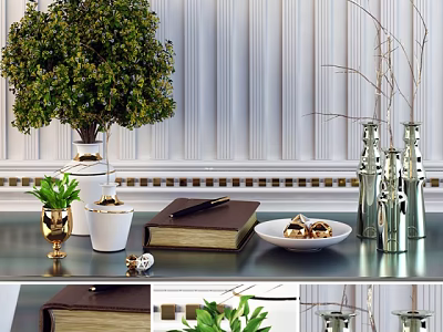 Elegant Decorative Ornament Set With Green Plants Books And Metal Vases 3d model