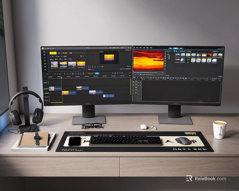 Professional Computer Workstation Setup With Dual Monitors Running Video Editing Software Keyboard Mouse And Headphones 3d model