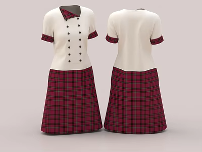 White Dress With Plaid Skirt Red Cuffs Collar Front Back View 3d model