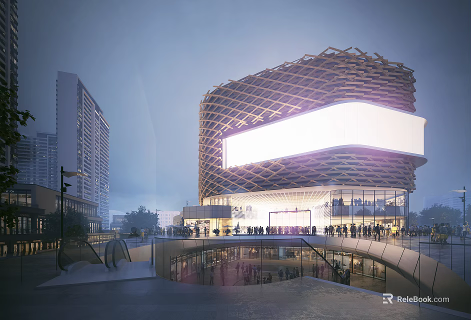 Modern Commercial Complex With Latticed Facade Large LED Screen And Urban Pedestrians 3d model 