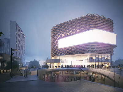 Modern Commercial Complex With Latticed Facade Large LED Screen And Urban Pedestrians 3d model