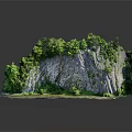 Scenic Rocky Cliff Landscape With Lush Green Trees Grass Base And Calm Reflection
