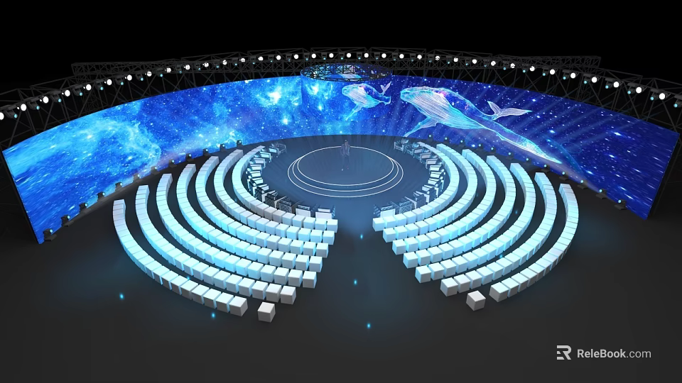 Modern Stage Design With Curved Seats Blue Starry Background And Whale Lighting 3d model 