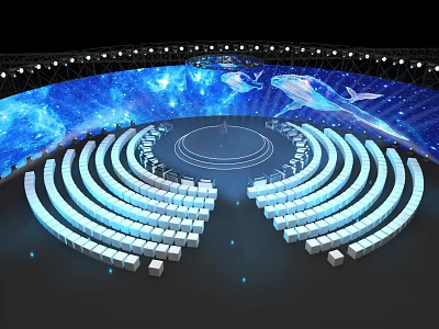 Modern Stage Design With Curved Seats Blue Starry Background And Whale Lighting 3d model