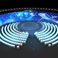 Modern Stage Design With Curved Seats Blue Starry Background And Whale Lighting