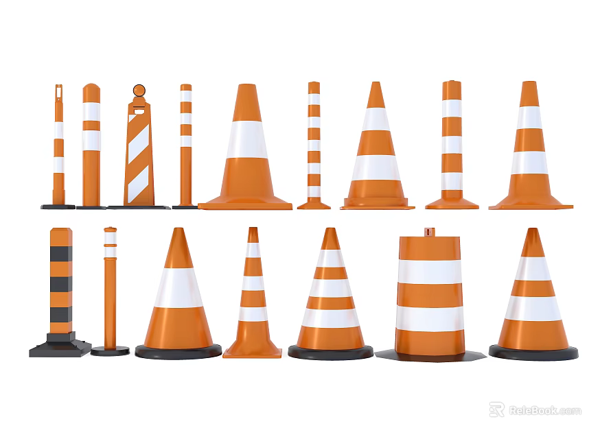 Various Road Traffic Facilities Featuring Orange White Traffic Cones Barriers And Striped Designs 3d model 