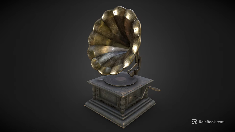 Vintage Electronic Gramophone Featuring Classic Brass Horn And Retro Design 3d model 