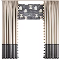 Beige And Gray Two Tone Curtain With Pom Pom Trim And Patterned Valance