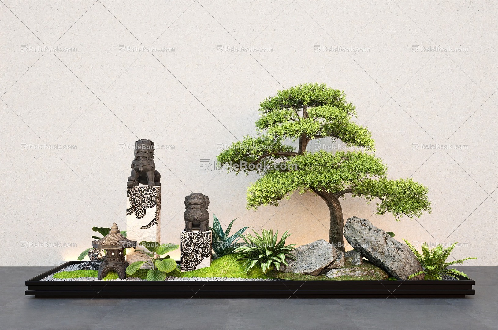 New Chinese style courtyard sketch landscape modeling Luo Han pine tree tie horse pillar stone lamp 3d model