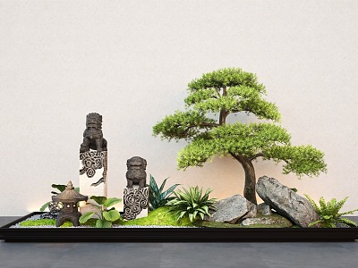 New Chinese style courtyard sketch landscape modeling Luo Han pine tree tie horse pillar stone lamp 3d model