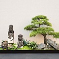 New Chinese style courtyard sketch landscape modeling Luo Han pine tree tie horse pillar stone lamp 3d model