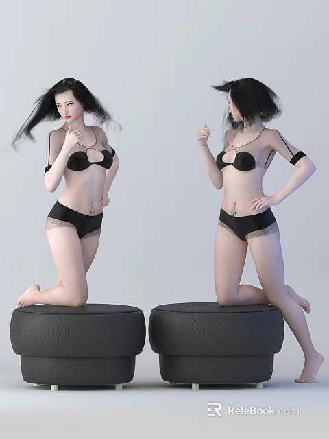 Woman in Black Lace Lingerie Kneeling on Black Round Stools with Transparent Straps 3d model 