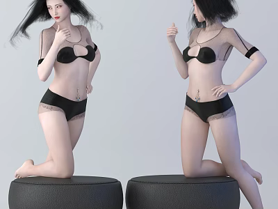 Woman in Black Lace Lingerie Kneeling on Black Round Stools with Transparent Straps 3d model