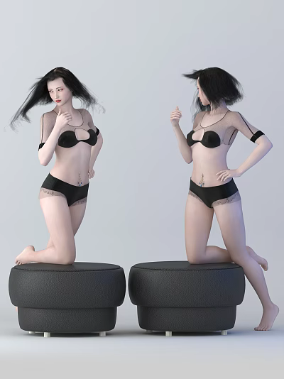 Woman in Black Lace Lingerie Kneeling on Black Round Stools with Transparent Straps 3d model