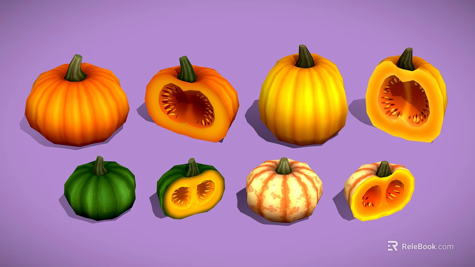 Various Colored Whole And Sliced Pumpkins Arranged On Purple Background 3d model 