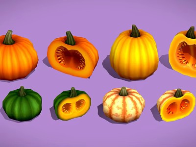 Various Colored Whole And Sliced Pumpkins Arranged On Purple Background 3d model