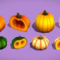 Various Colored Whole And Sliced Pumpkins Arranged On Purple Background