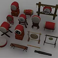 Traditional Chinese Musical Instruments and Tools Featuring Assorted Red Drums Stands and Gong Accessories