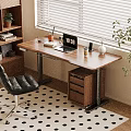 Modern Home Office Wooden Desk With Laptop Lamp And Leather Chair