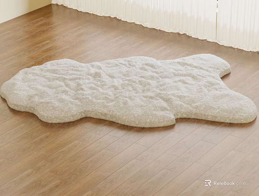Cloud Shaped Light Beige Fluffy Rug For Wooden Floor With Soft Texture And Curtain Background 3d model 