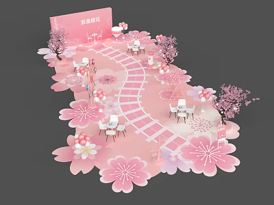 Romantic Pink Cherry Blossom Event Decor With Pathway Tables And Chairs 3d model