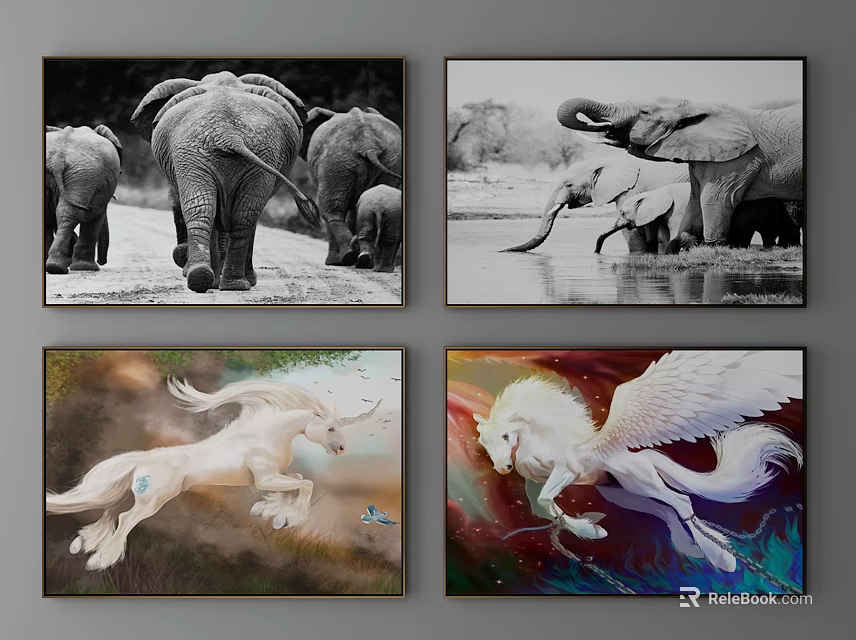Animal Paintings Black and White Walking Elephants and Colorful Flying Unicorns Wall Art 3d model 