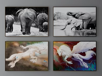 Animal Paintings Black and White Walking Elephants and Colorful Flying Unicorns Wall Art 3d model