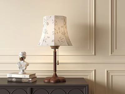 Elegant Table Lamp With Floral Patterned Shade Wooden Base On Dark Cabinet By Beige Wall 3d model