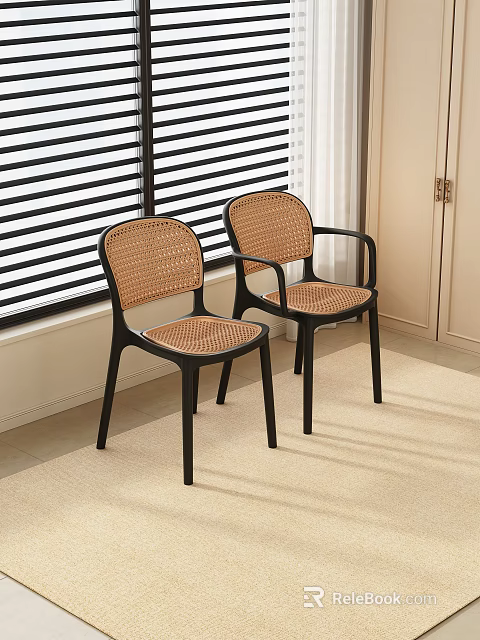 Stylish Modern Single Chair Design With Rattan Seat Back Black Frame And Window Blinds Curtains 3d model 