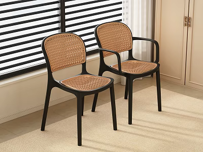 Stylish Modern Single Chair Design With Rattan Seat Back Black Frame And Window Blinds Curtains 3d model