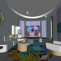 Modern Hotel Room Interior With Curved Ceiling Colorful Carpet And Comfortable Sofa