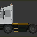 White Industrial Towing Truck with Yellow Black Stripes and Orange Warning Lights