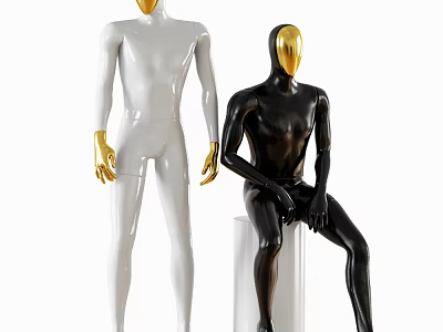 Black Seated and White Standing Mannequins Featuring Gold Head and Hands 3d model