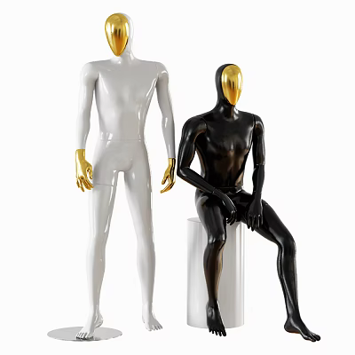 Black Seated and White Standing Mannequins Featuring Gold Head and Hands 3d model