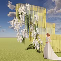 Bride In White Wedding Dress By Yellow Screen With Hanging White Flowers On Green Grass